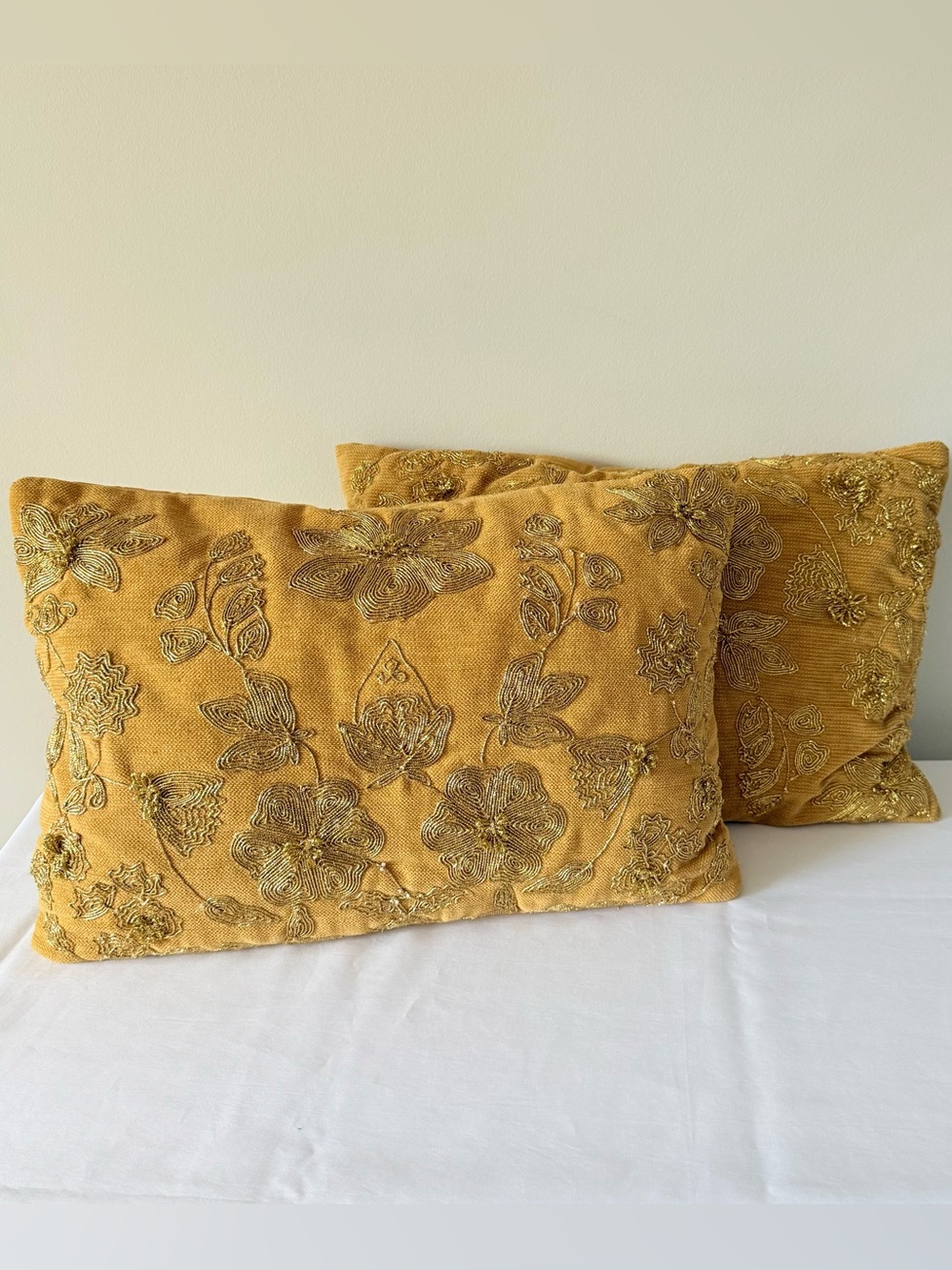 Pier 1 Gold Floral Embroidered Lumbar Throw Pillows 20x13 Set of 2 Metallic